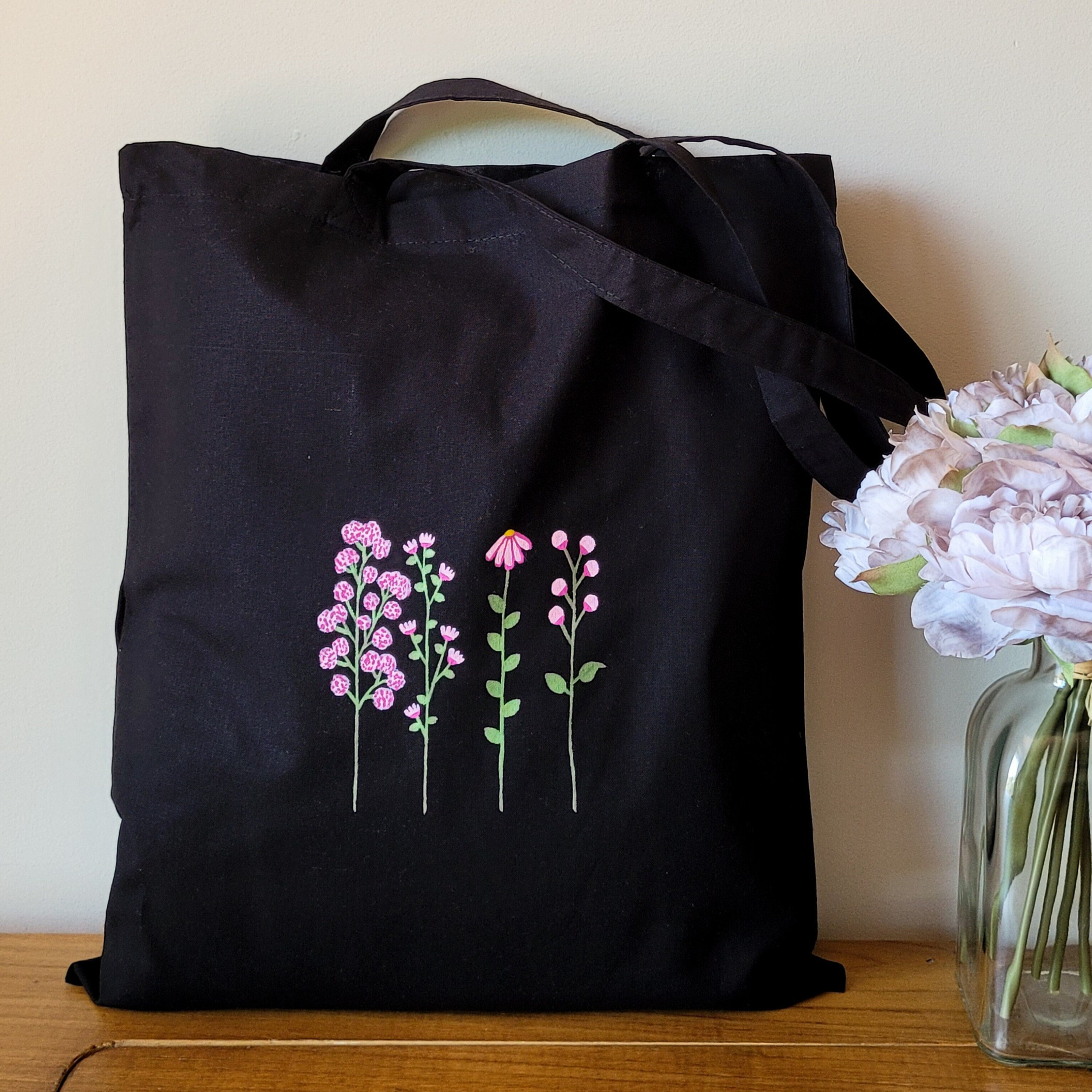 Tote Bag Aesthetic Tote Bag Black Canvas Tote Bags Print Tote Bag With Pink Flowers Floral Totes Bags for Women Tote Bag Painted Etsy