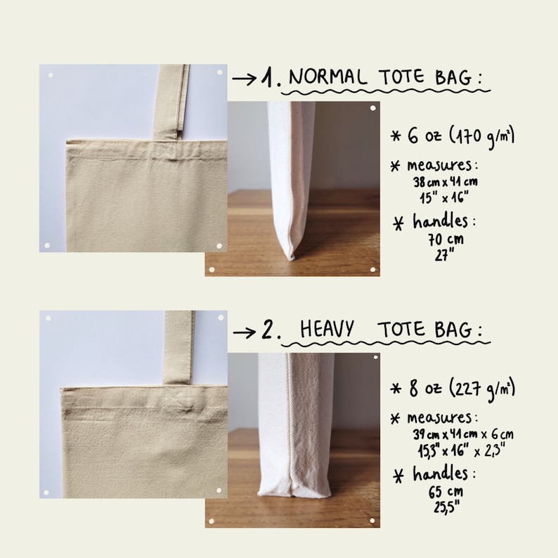 May include: Two tote bags made of natural canvas fabric. The bag on the left is a 6 ounce (170 g/m&sup2;) normal tote bag with 27 inch handles. The bag on the right is an 8 ounce (227 g/m&sup2;) heavy tote bag with 25.5 inch handles.