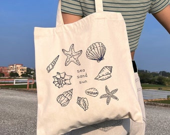 Aesthetic summer tote bag, seashell canvas bag, coastal beachcore tote, gift for sun lover, cute beach cotton bag