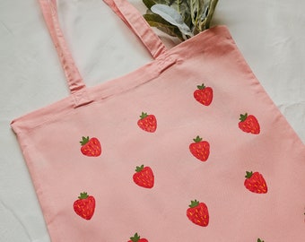 Strawberry Tote Bag - Aesthetic Gift for Lover - Handcrafted Pink Canvas Tote