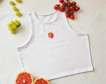 Strawberry Crop Top, Fruit Vintage Aesthetic Top, Retro Printed Shirt, Fitted Graphic Tee, Fruit Lover Gift, Trendy Short Top, Artsy Fashion