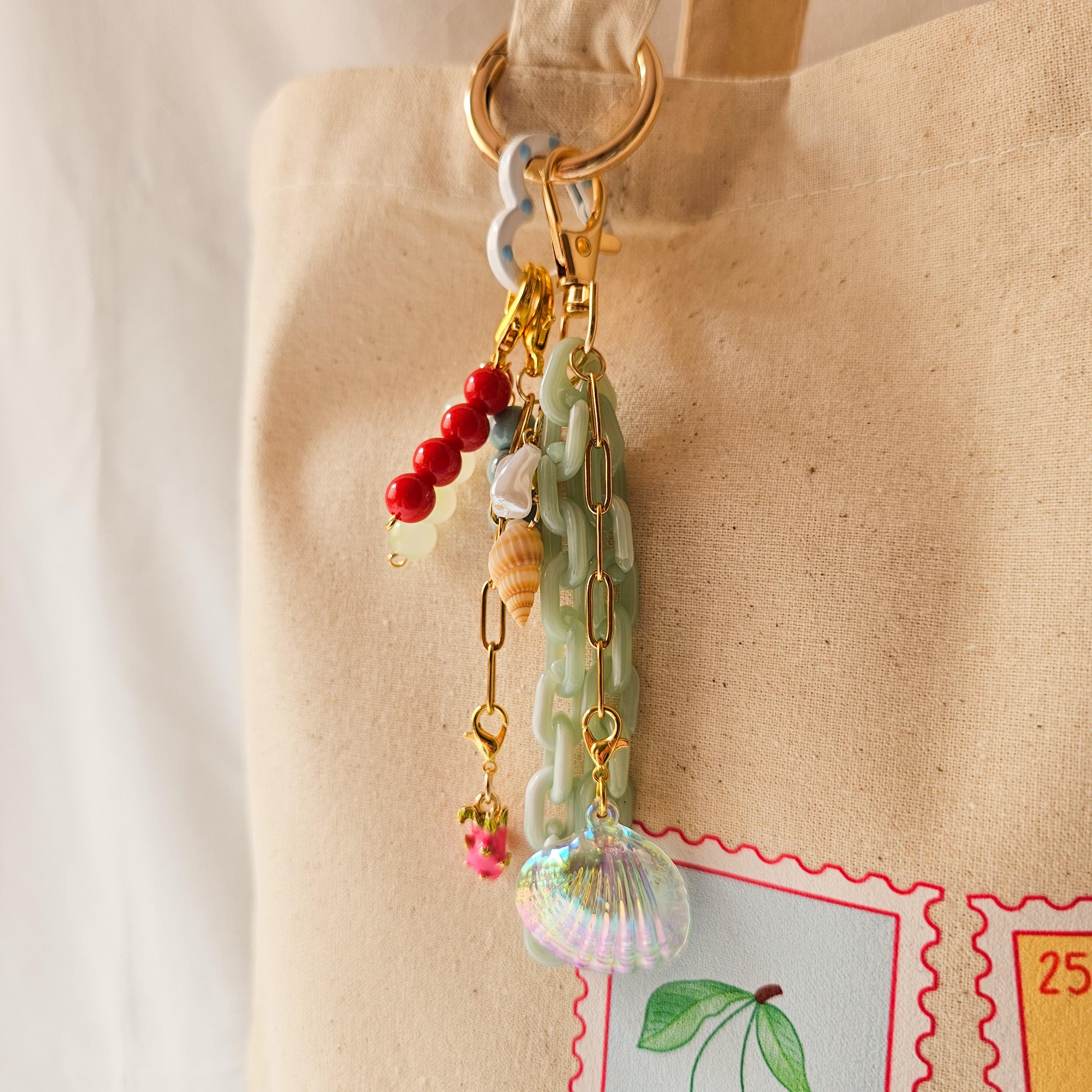 Sea Shell Keychain Charm, Dragon Fruit Bag Charm, Aesthetic Purse Accessory, Cute Gift for Girls, Christmas Gift for Women, Bridesmaid Charm
