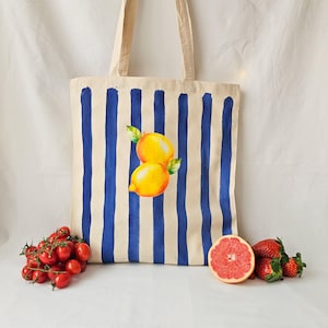Amalfi Lemon Tote Bag, Italian Chic Canvas Tote, Blue Striped Tote, Mediterranean Summer Bag, Lemon Lover Gift, Elegant Market Bag