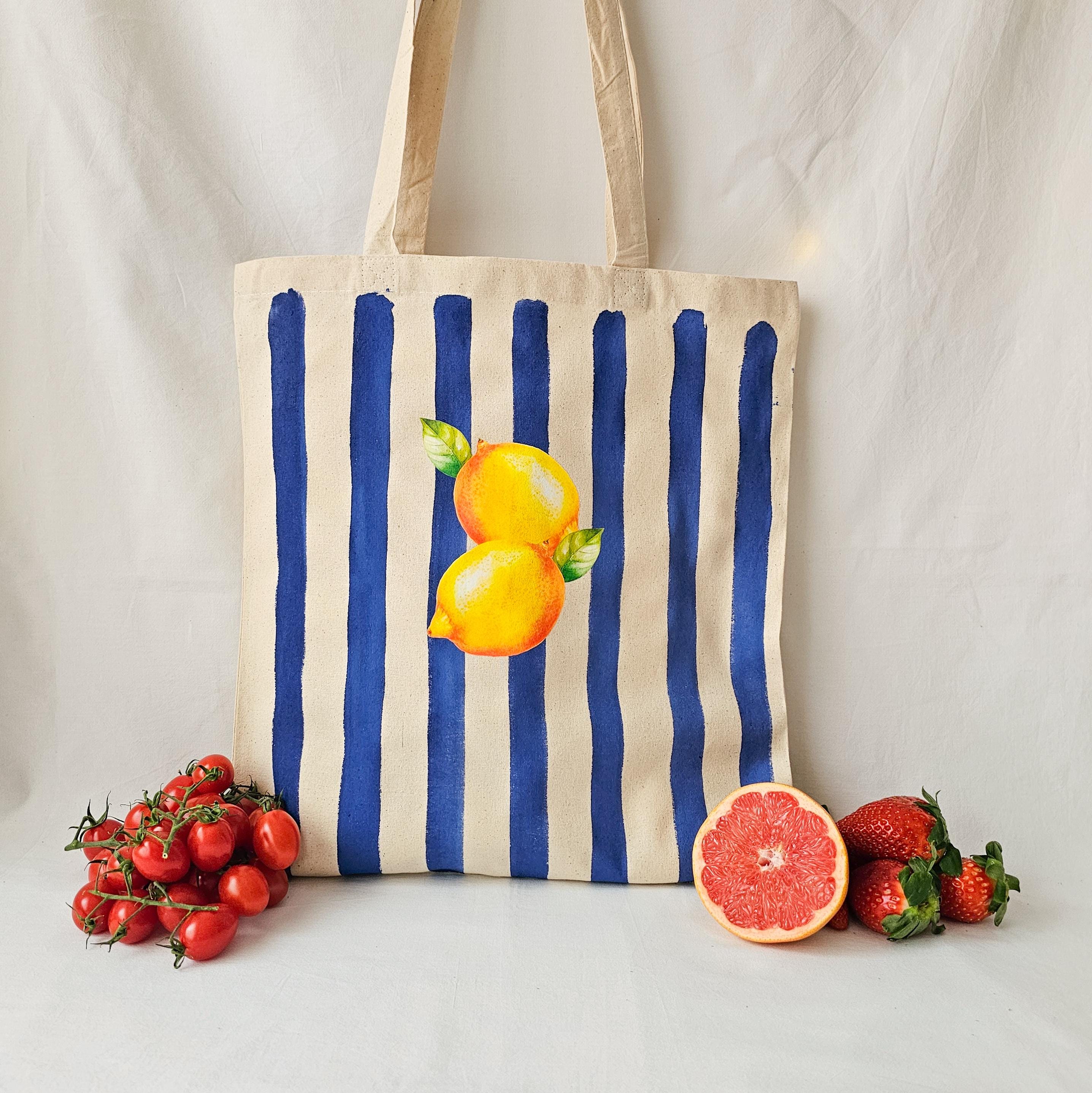 Amalfi Lemon Tote Bag, Italian Chic Canvas Tote, Blue Striped Tote