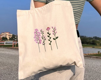 trendy cute preppy tote bag, aesthetic pink floral canvas tote bag, reusable cotton tote bag, gift for her