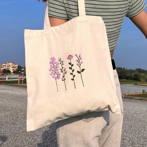 trendy cute preppy tote bag, aesthetic pink floral canvas tote bag, reusable cotton tote bag, gift for her