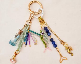 backpack keychain charms, seashell charm bag, golden chain bag accessory, women accessory bags, beaded fish bag charm, cute bag charm