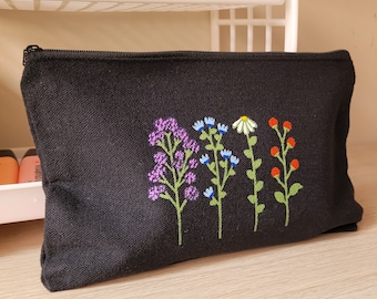 schwarze Mehrzwecktasche, handbemalte schwarze Tasche, schwarze Tasche mit Blumenmuster, Mehrzweck-Kulturbeutel, schwarze Schultasche, Federmäppchen