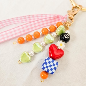 Coquette Keychain, Y2K Aesthetic Bag Charm, Maximalist Cute Accessory with Dice and Hearts, Trendy Gift for Her, Pink Gingham Bow