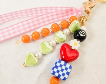 Coquette Keychain, Y2K Aesthetic Bag Charm, Maximalist Cute Accessory with Dice and Hearts, Trendy Gift for Her, Pink Gingham Bow