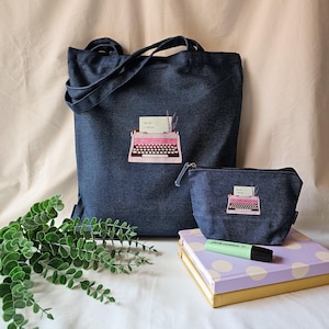 Set aus Jeans-Tragetasche und Kulturbeutel, recycelte Tasche, umweltfreundliches Geschenk, Schreibmaschinentasche, Reiseset, Geschenk für Mama, Brautjungfern