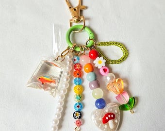 Fish Bag Charm, Beaded Tulip Keychain, Mushroom Charm Bag, Cute Backpack Accessory, Gold Chain Purse Charm, Trendy Gift for Girls and Women