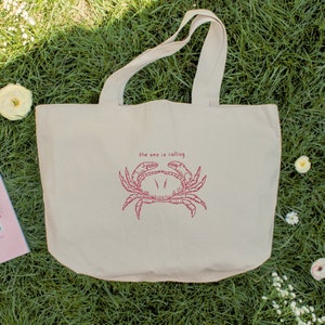 Extra Large Beach Crab Tote Bag, Ocean Beach Bag for Women, Large Canvas Tote Bag, Canvas Weekender Bag, Seaside Coastal Large Tote Bag