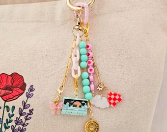 Aesthetic Bag Charm for Backpack, Cute Cassette Keychain, Pastel Purse Charm, Y2K Bag Accessory, Gift for Her
