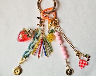 backpack keychain charms, strawberry charm bag, golden chain bag accessory, women accessory bags, beaded lemon bag charm, cute bag charm