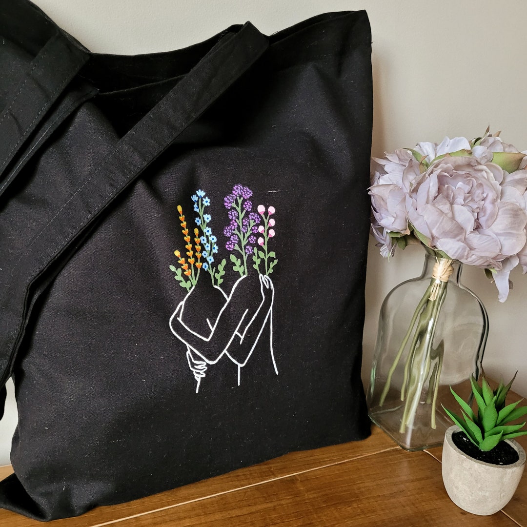 Tote Bag, Black Tote Bag, Tote Bag Black, Totebag, Tote Bag Noir, Flowers Tote Bag, Cloth Bag ...