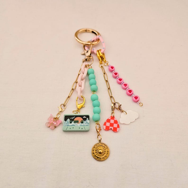 Aesthetic Bag Charm for Backpack, Cute Cassette Keychain, Pastel Purse Charm, Y2K Bag Accessory, Gift for Her Type 1 y 2