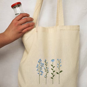 Peut inclure: Un sac fourre-tout en toile beige avec un motif de fleurs bleues et de tiges vertes. Le sac a deux longues anses et est pr&eacute;sent&eacute; avec une bouteille en verre &agrave; l'int&eacute;rieur.