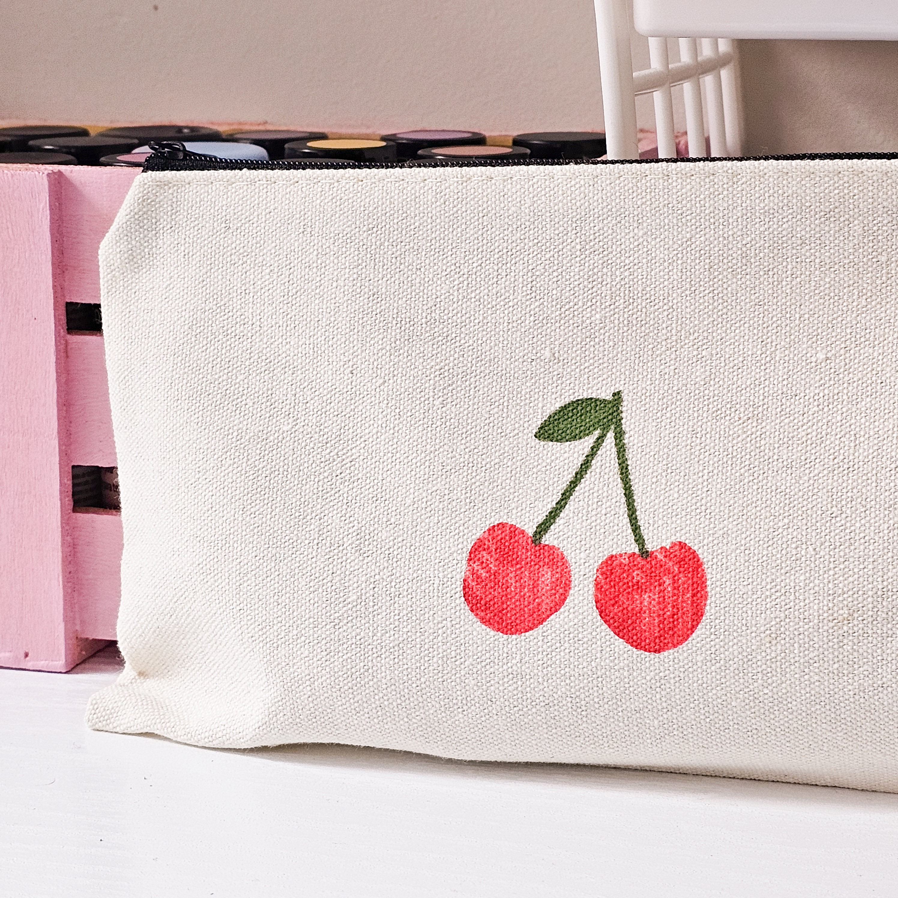 Cherry Handbag, Block Printed Cotton Canvas Fabric Pencil