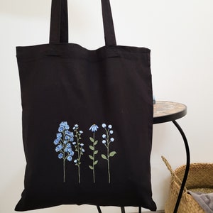 Black Tote Bag, Floral Black Tote Bag, Tote Bag Aesthetic, Cloth Bag ...