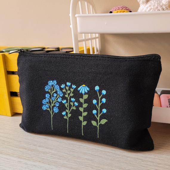 Turquoise Wildflower Pencil Case, Black Cotton Pencil Case for School  Supplies, Large Capacity Pencil Case for School Items 