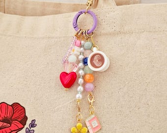 Book lover gift keychain: kawaii charm with beads, mini book, flower and coffee – reading aesthetic accessory