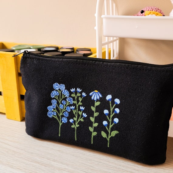 Black Pencil Case Blue Flowers Pencil Pouch Pencil Case Aesthetic Aesthetic Pencil Case Floral Pencil Pouch Pencil Bag Cute Pouch Etsy