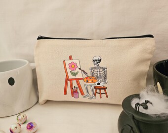 Beige Canvas Pouch with Skeleton Artist: Halloween Makeup Bag or Pencil Case