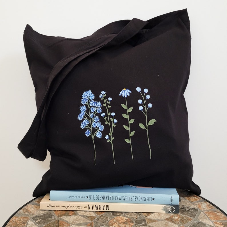 flowers black tote bag, purple flowers tote bag, aesthetic black tote bag, shopping bag, black shopping bag, cotton flower tote bag, ecobag Blue