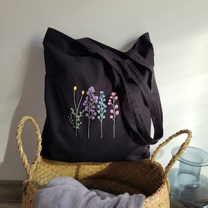 zwarte draagtas, zwarte katoenen tas, esthetische draagtas, bloementas, schattige draagtas, boodschappentas, handgeschilderde zwarte tas