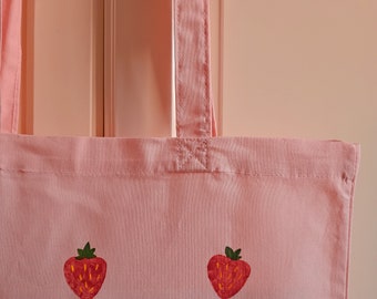 Strawberry Print Canvas Tote Bag - 12x13x4" Shoulder Bag For Women, Cute Aesthetic Purse, Gift For Girls