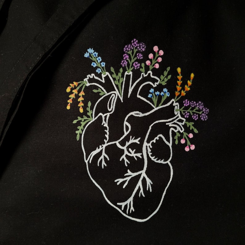 K&ouml;nnte beinhalten: Eine wei&szlig;e Umrandung eines menschlichen Herzens, aus dem bunte Blumen wachsen. Die Blumen sind in den Farben Lila, Blau, Gelb und Rosa.