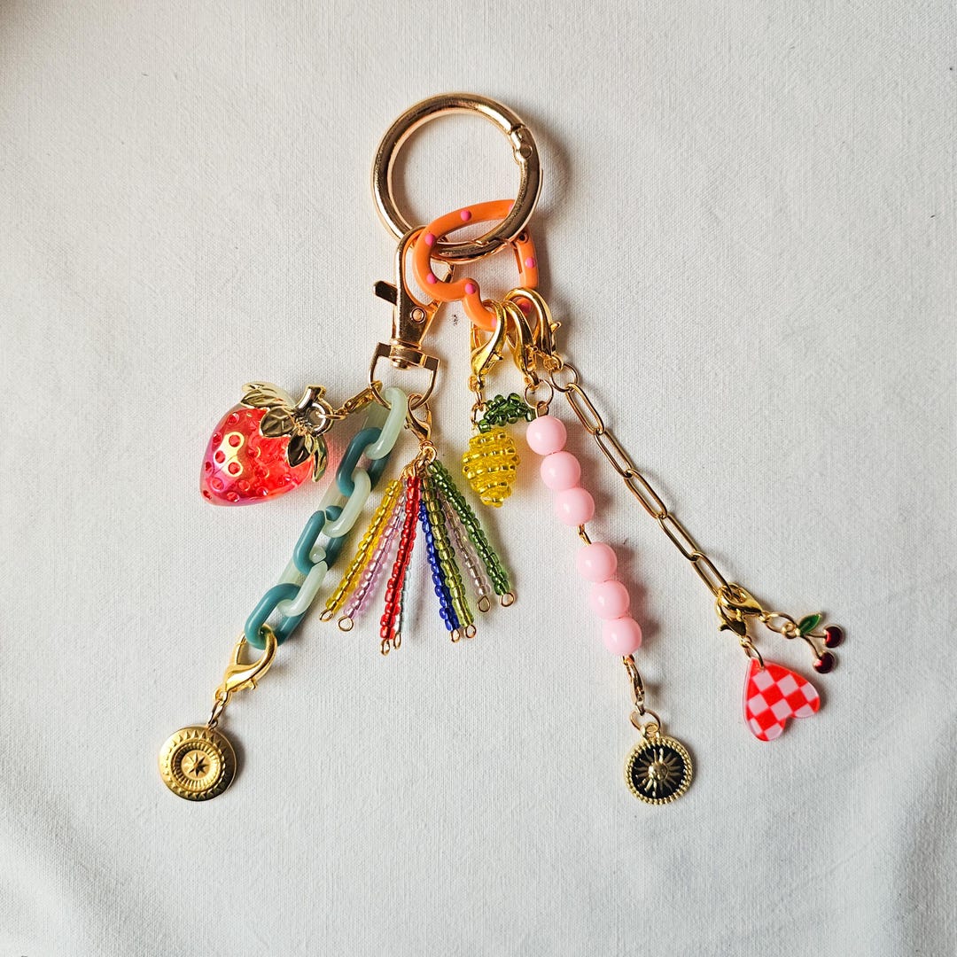 Beaded Backpack Charm, Strawberry Bag Keychain, School Bag
