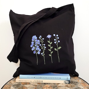 schwarze Stofftaschen, Blumenstoff-Einkaufstasche, handbemalte Einkaufstasche, Baumwolltasche mit Blumen, Einkaufstasche, Ökotasche, Stofftaschen