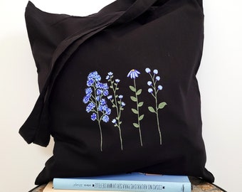 zwarte stoffen tassen, bloemenstof draagtas, handgeschilderde draagtas, katoenen tas met bloemen, boodschappentas, ecobag, stoffen tassen