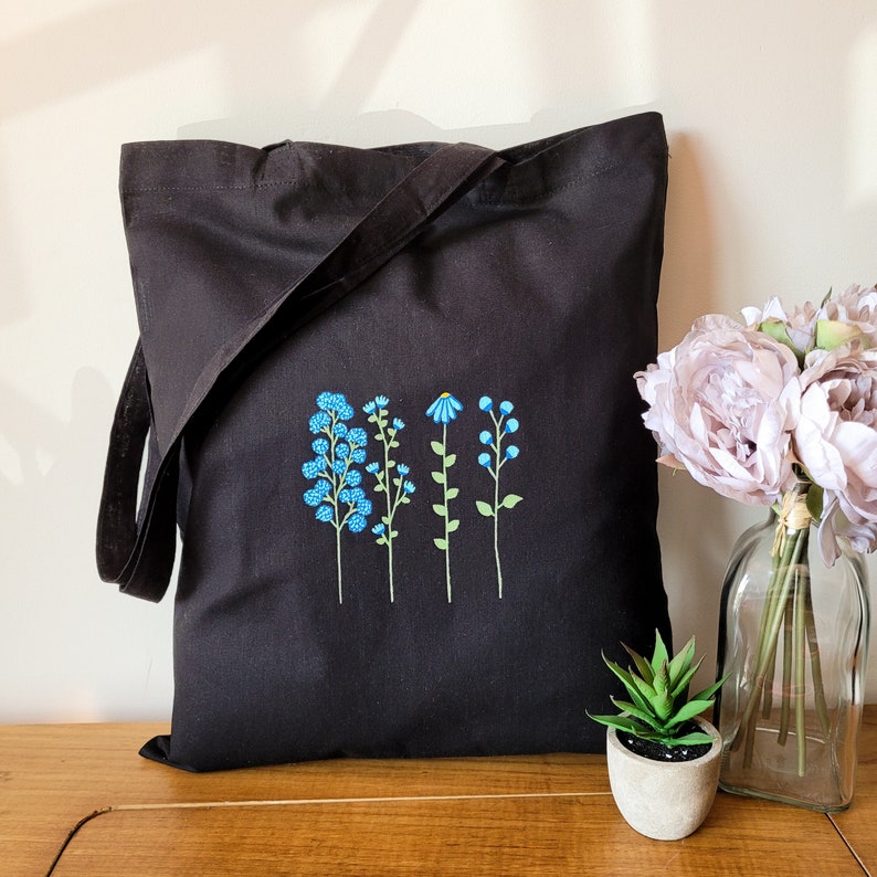handpainted floral sustainable shopping bag Turquoise