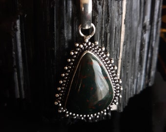 Crimson and Green Elegance: Large Bloodstone Pendant in Silver