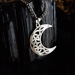 Celtic Moon Magic: Stainless Steel Crescent Moon Pendant with Pentacle