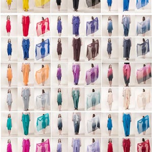May include: A collection of sheer sarongs in a wide variety of solid colors and gradient patterns. Each sarong is displayed in two ways: wrapped around the waist as a skirt and held open horizontally to show the full rectangular fabric shape.