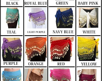 3 Rows Belly Dance Hip Scarf Wrap Belt Dancer Skirt Costume Gold Coins All Colours