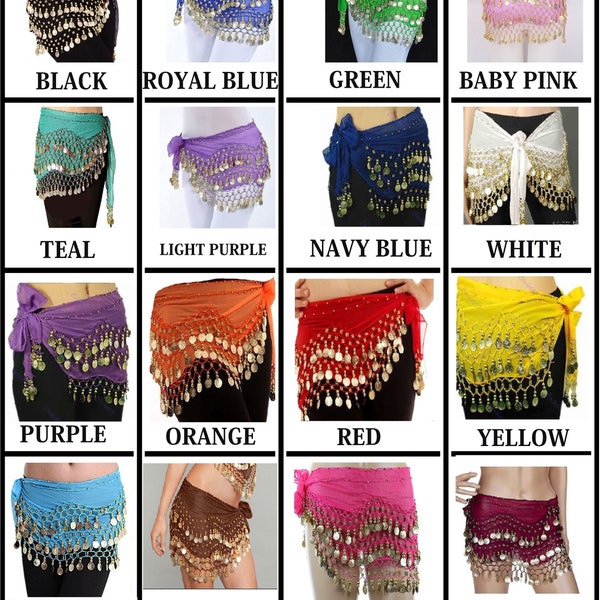 3 Rows Belly Dance Hip Scarf Wrap Belt Dancer Skirt Costume Gold Coins All Colours