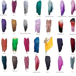 May include: A collection of twenty-four sarongs displayed in a grid, featuring a variety of solid colours and gradient patterns. Each sarong is shown draped, showcasing lightweight, semi-sheer fabric with tied waist details in various hues.