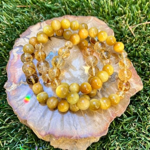 Empower Bracelet. 8 mm Golden Tiger&#39;s Eye + Citrine crystal bracelet.