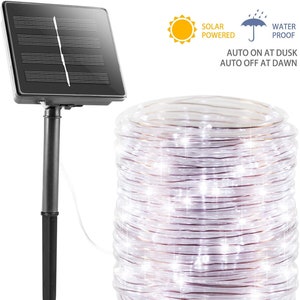 May include: A coiled string of white LED fairy lights powered by a solar panel. The solar panel has a stake for ground installation. The lights are water-proof and have an auto on at dusk and auto off at dawn feature.