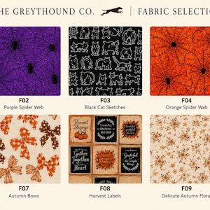 May include: A fabric selection chart from The Greyhound Co. featuring ten distinct patterns: orange cat prints, purple spider webs, black cat sketches, orange spider webs, plaid pumpkins, neutral pumpkins, autumn bows, harvest labels, floral, and leaves.