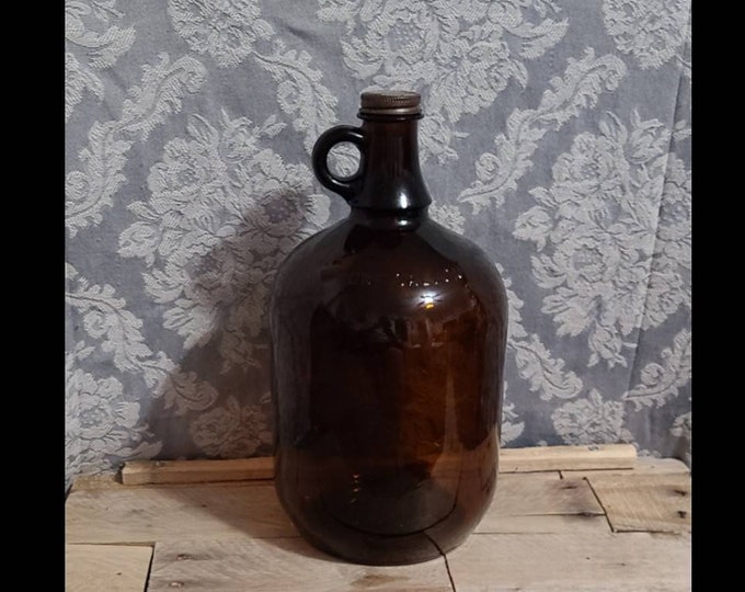 Vintage Brown Glass Gallon Jug With Metal Lid Vintage Amber Gallon Jug