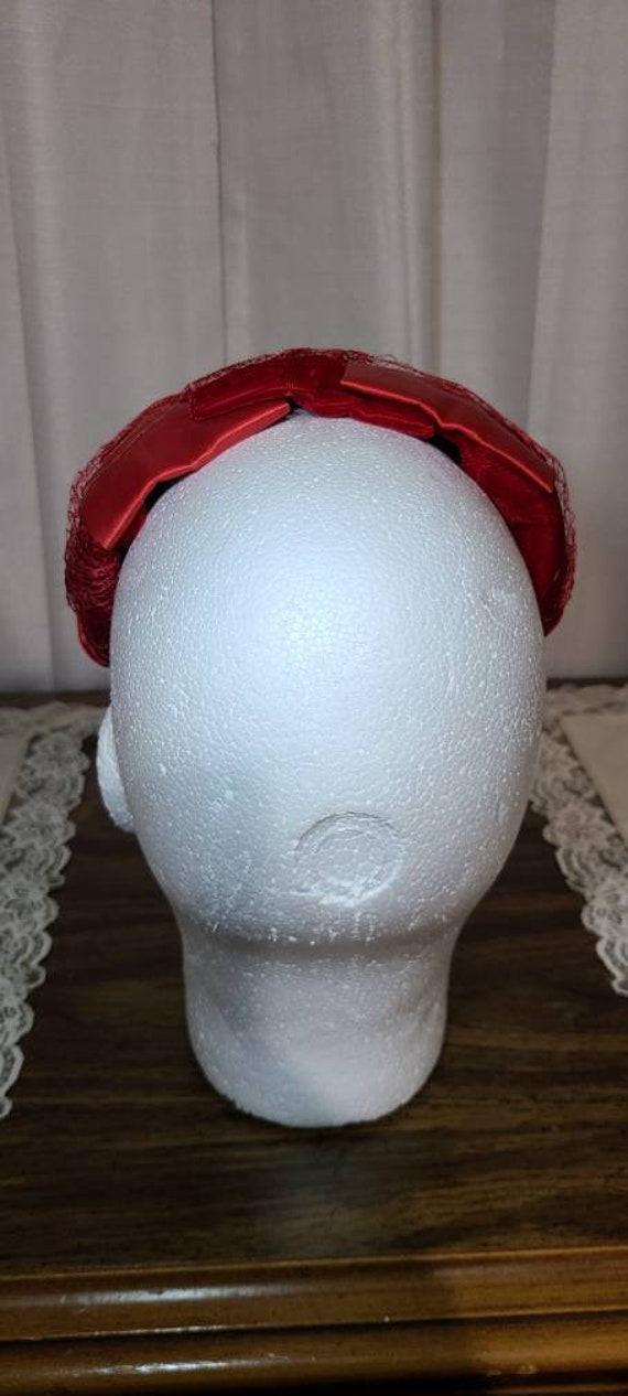 Vintage Red Velvet Silk Satin 50s Cocktail Hat Fa… - image 6