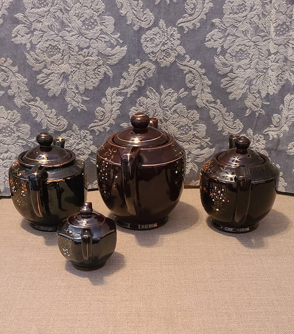 Vintage Brown Redware Japan Teapot With Hand Painted Design Etsy