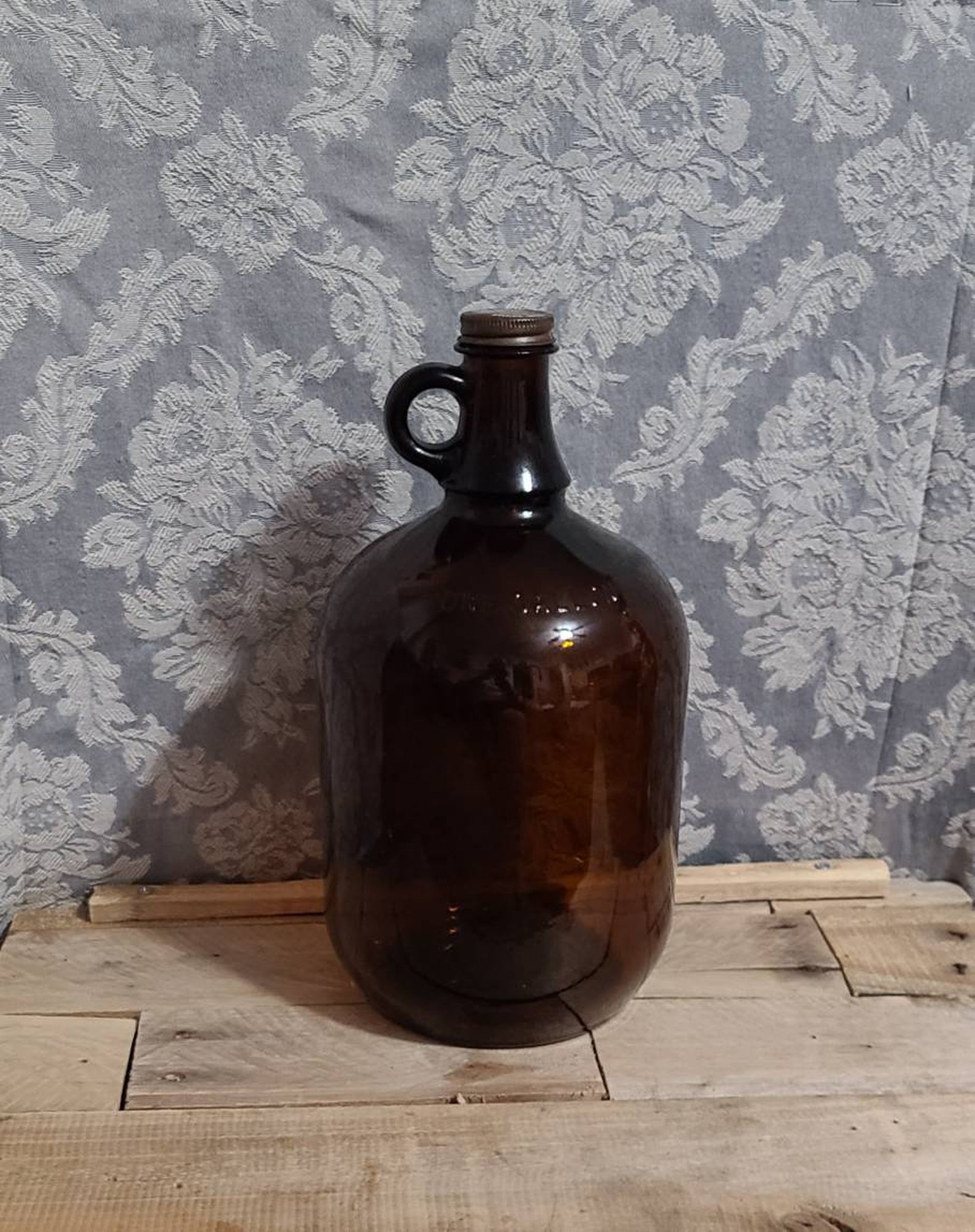 Vintage Brown Glass Gallon Jug With Metal Lid Vintage Amber Etsy