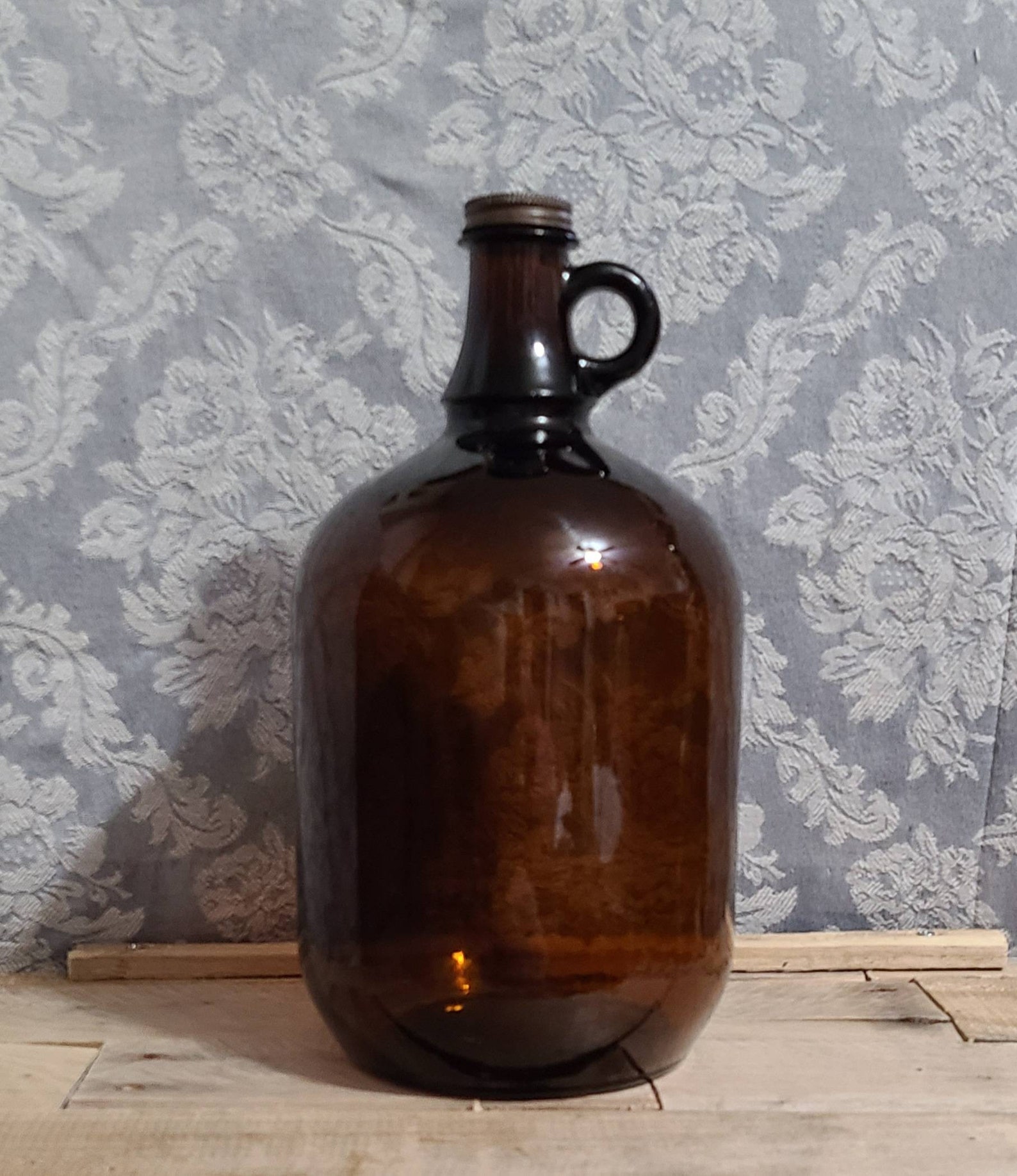 Vintage Brown Glass Gallon Jug With Metal Lid Vintage Amber Etsy
